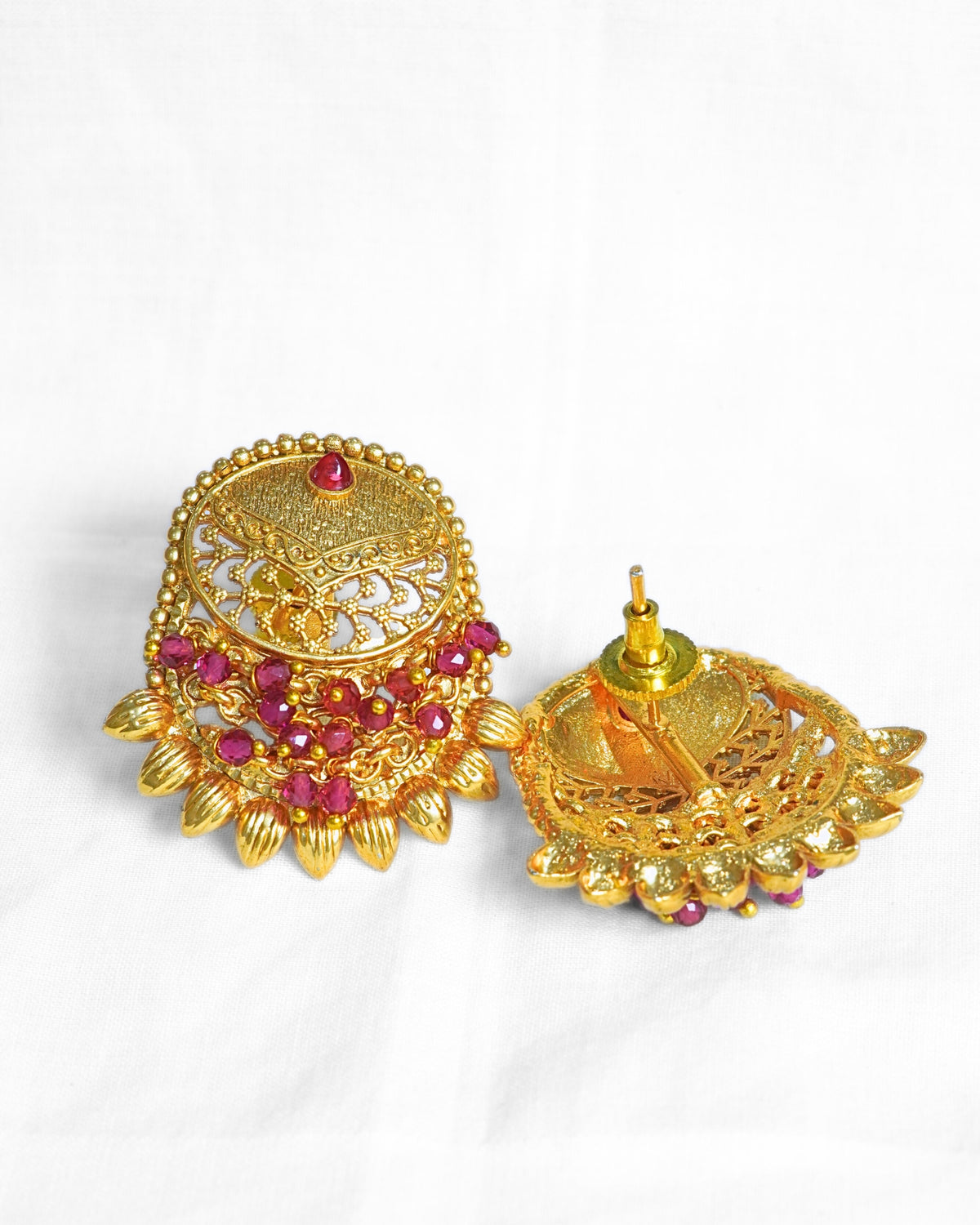 Flat Oval Earrings with Ruby Top & Beaded Drops