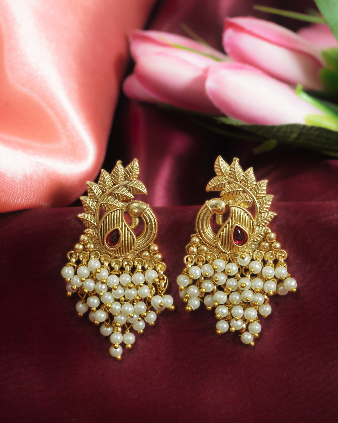 Peacock Feather Gold plated Earrings with Pearls