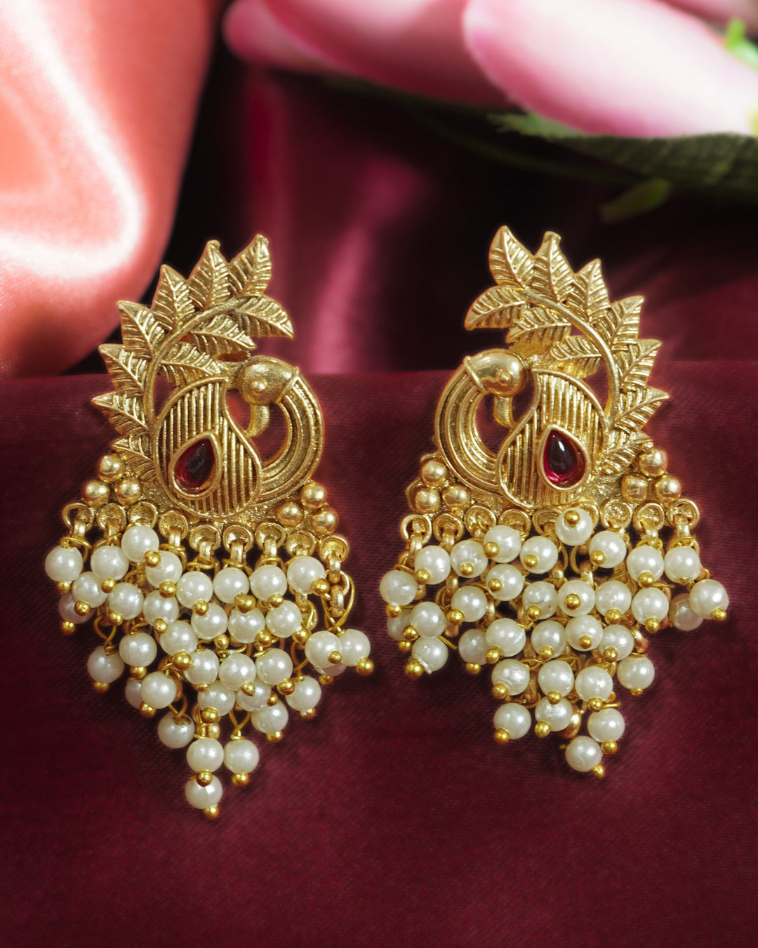 Peacock Feather Gold plated Earrings with Pearls