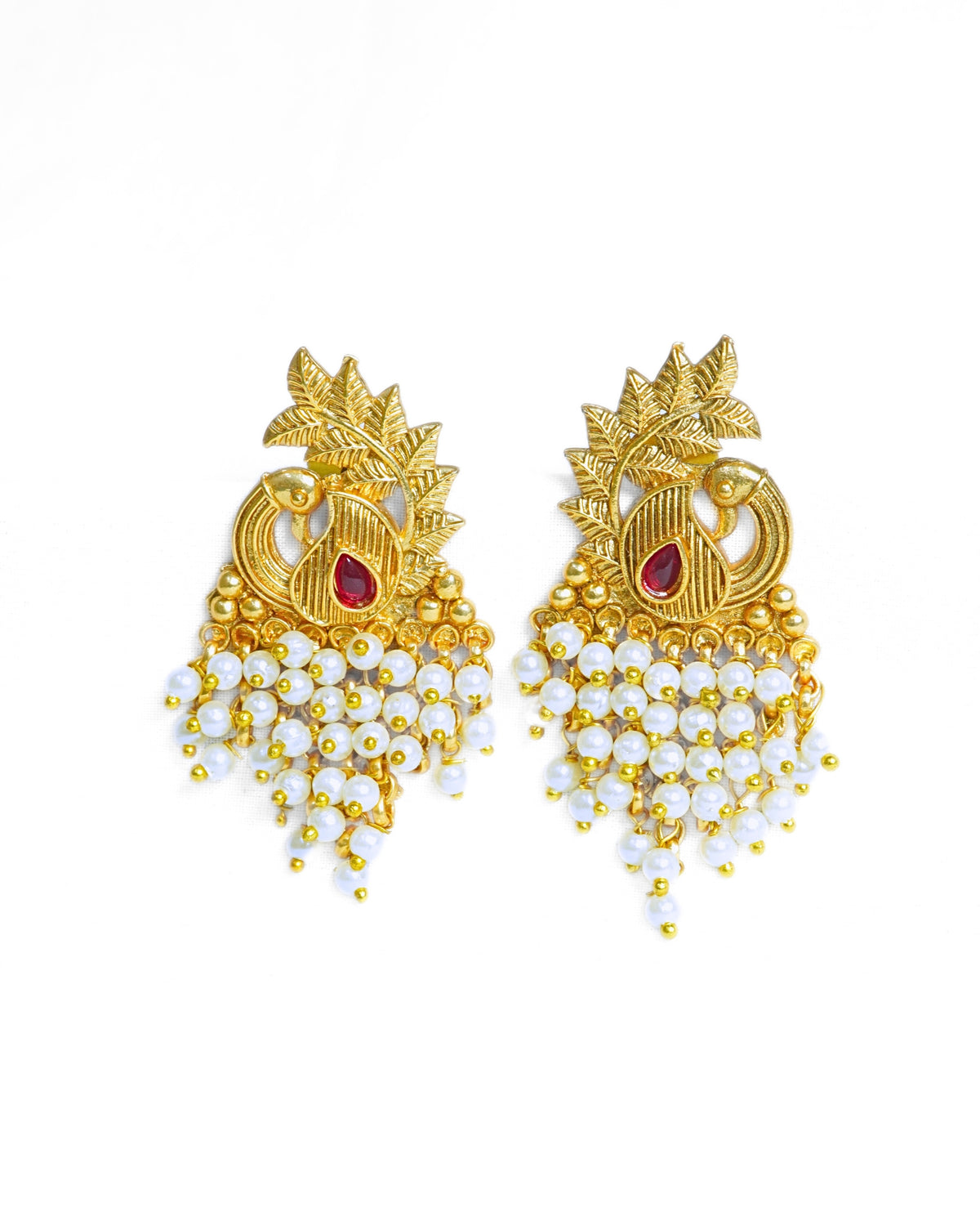 Peacock Feather Gold plated Earrings with Pearls
