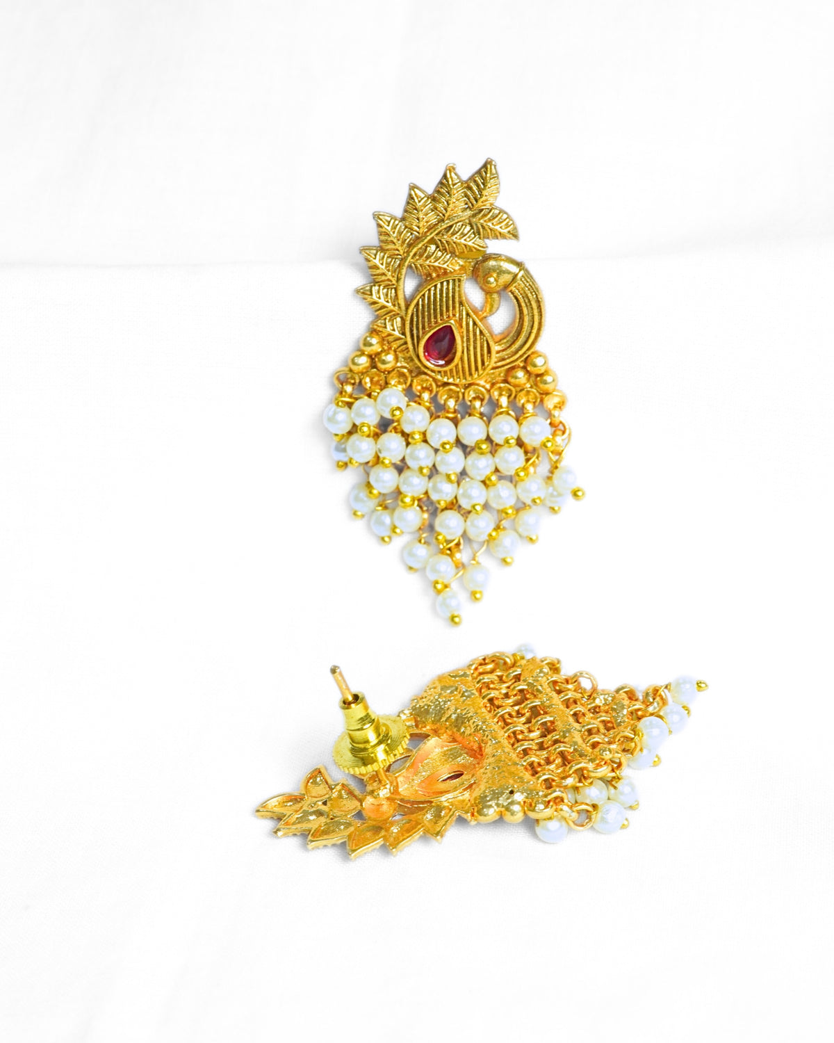 Peacock Feather Gold plated Earrings with Pearls