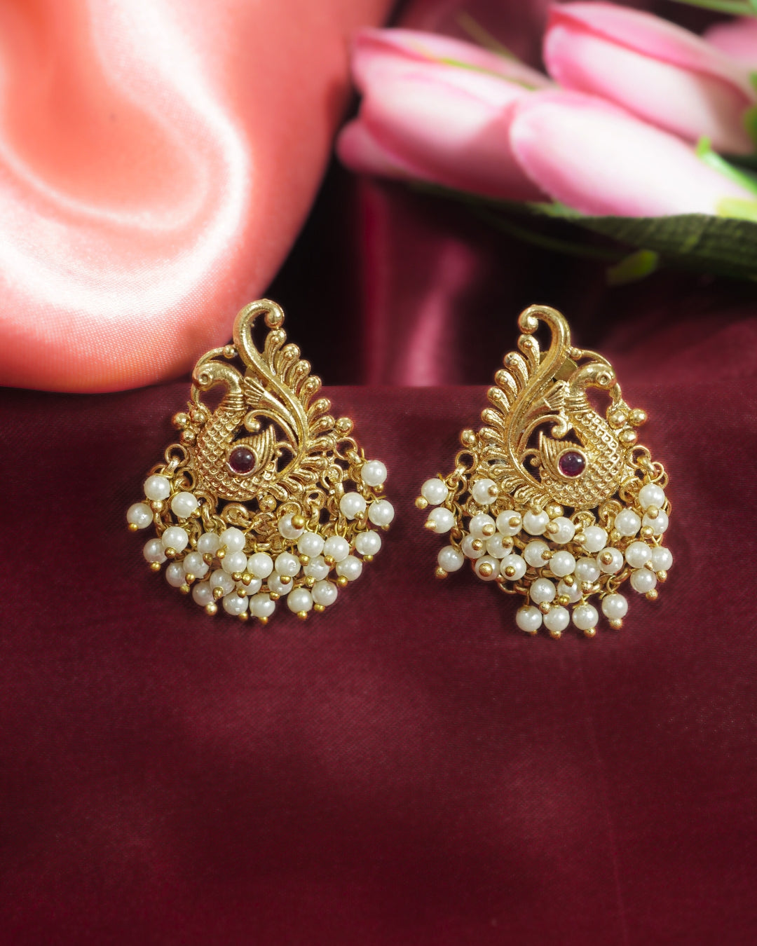 Traditional Ruby & Pearl Adorned Peacock Feather Earrings