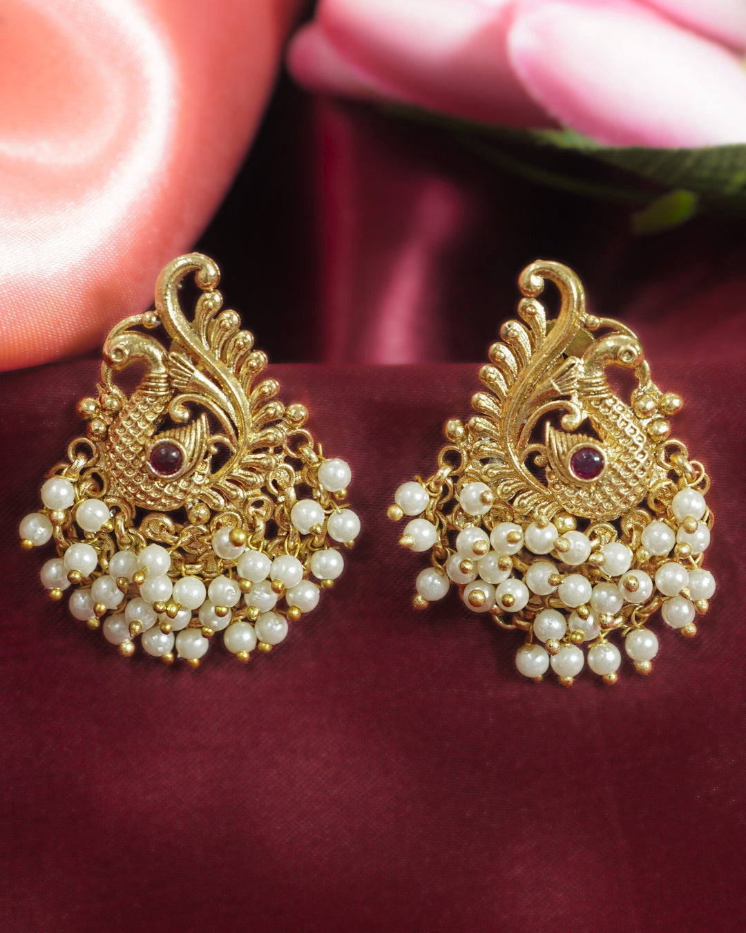 Traditional Ruby & Pearl Adorned Peacock Feather Earrings