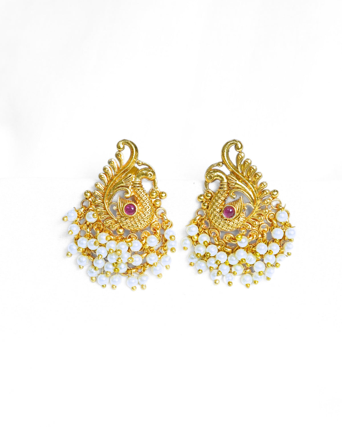 Traditional Ruby & Pearl Adorned Peacock Feather Earrings
