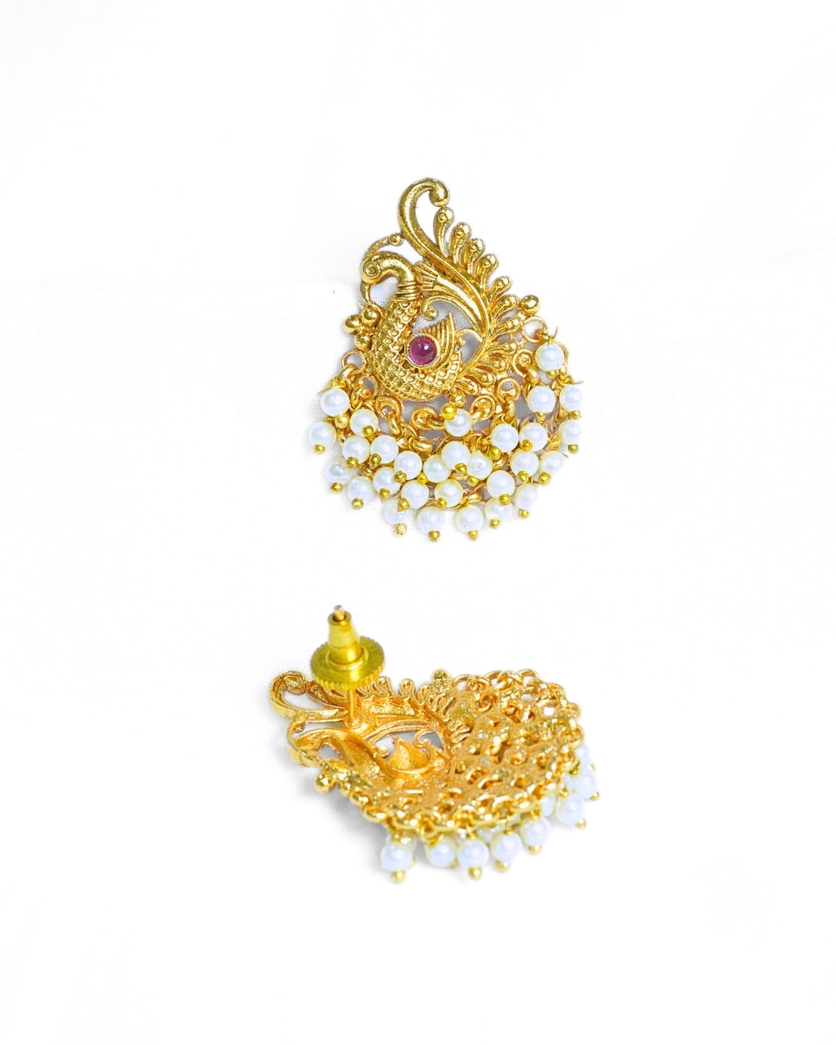 Traditional Ruby & Pearl Adorned Peacock Feather Earrings