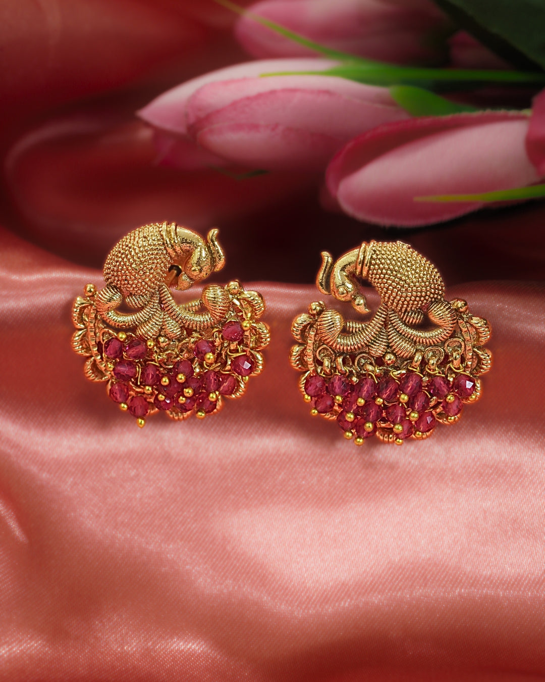 Gold-Plated Peacock Pink Beaded Earrings