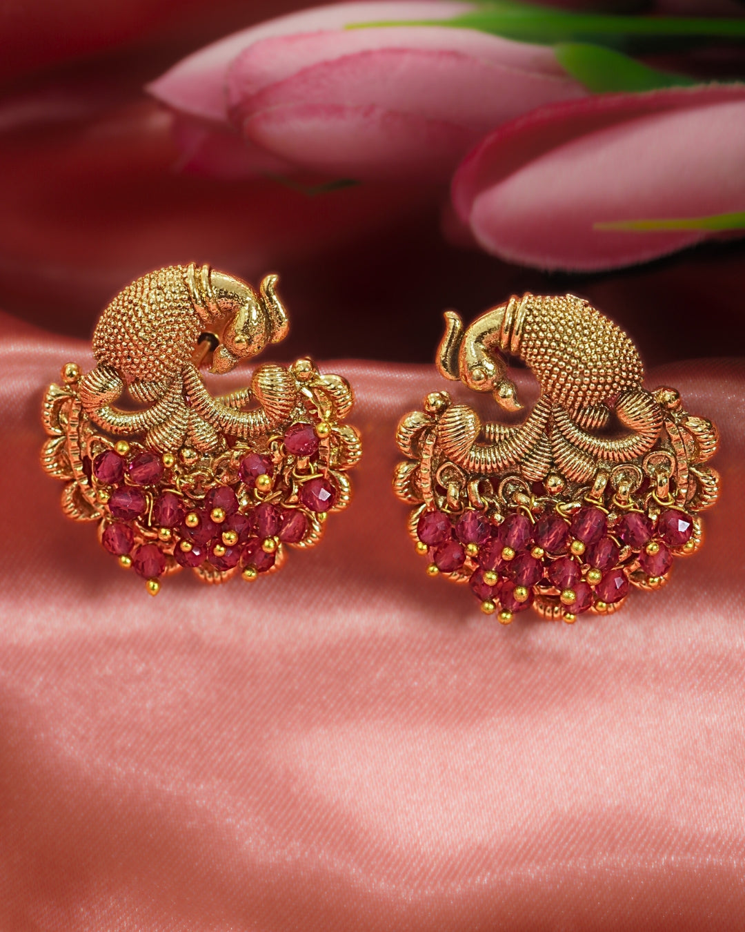 Gold-Plated Peacock Pink Beaded Earrings