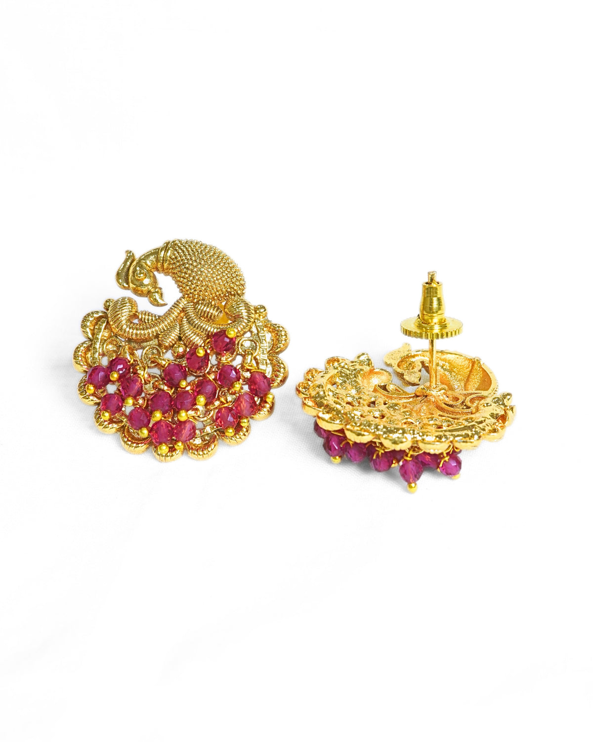 Gold-Plated Peacock Pink Beaded Earrings