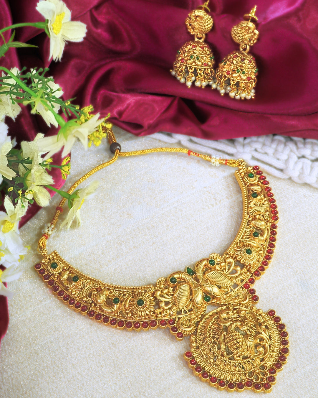Gold-Plated Peacock Design Red Stone Necklace Set