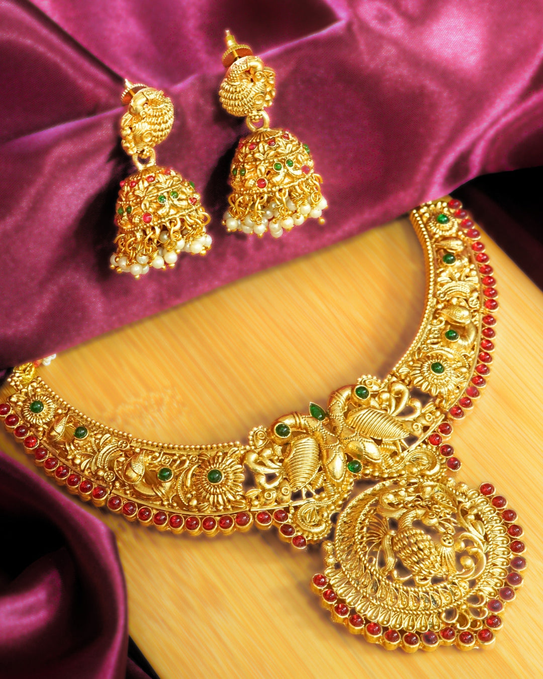 Gold-Plated Peacock Design Red Stone Necklace Set