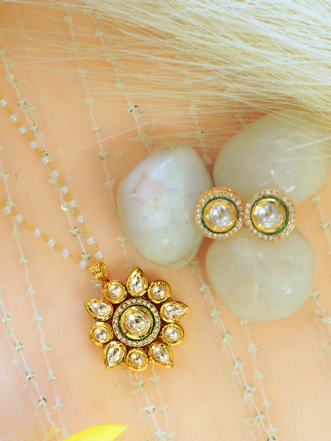Kundan Floral Pendant Pearl Beaded Gold-Plated Chain Necklace Set