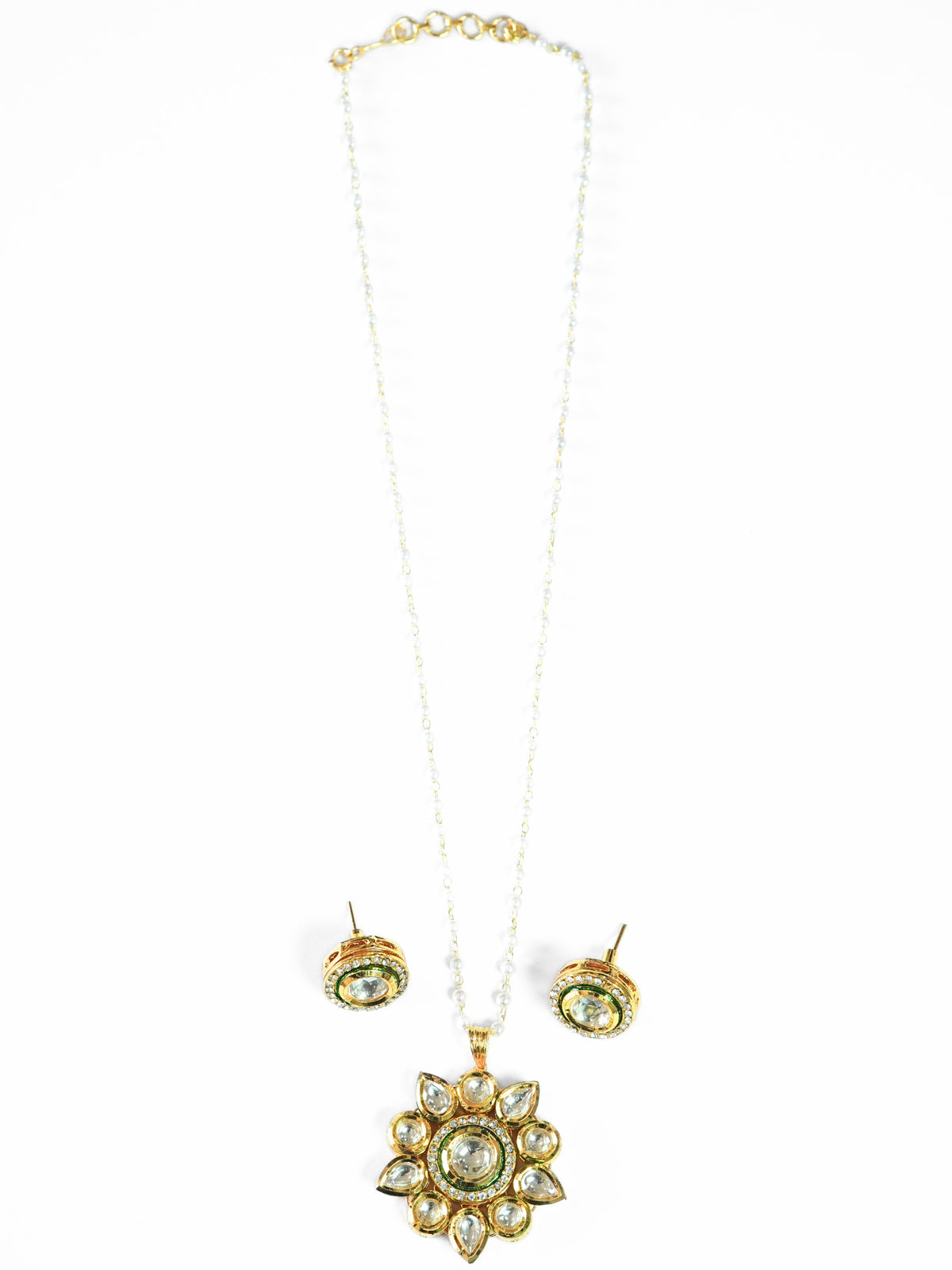 Kundan Floral Pendant Pearl Beaded Gold-Plated Chain Necklace Set