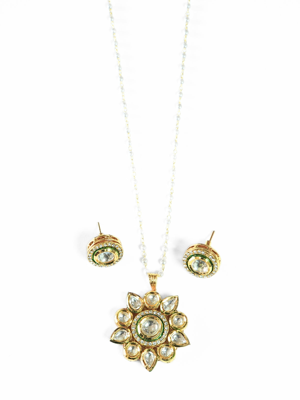 Kundan Floral Pendant Pearl Beaded Gold-Plated Chain Necklace Set