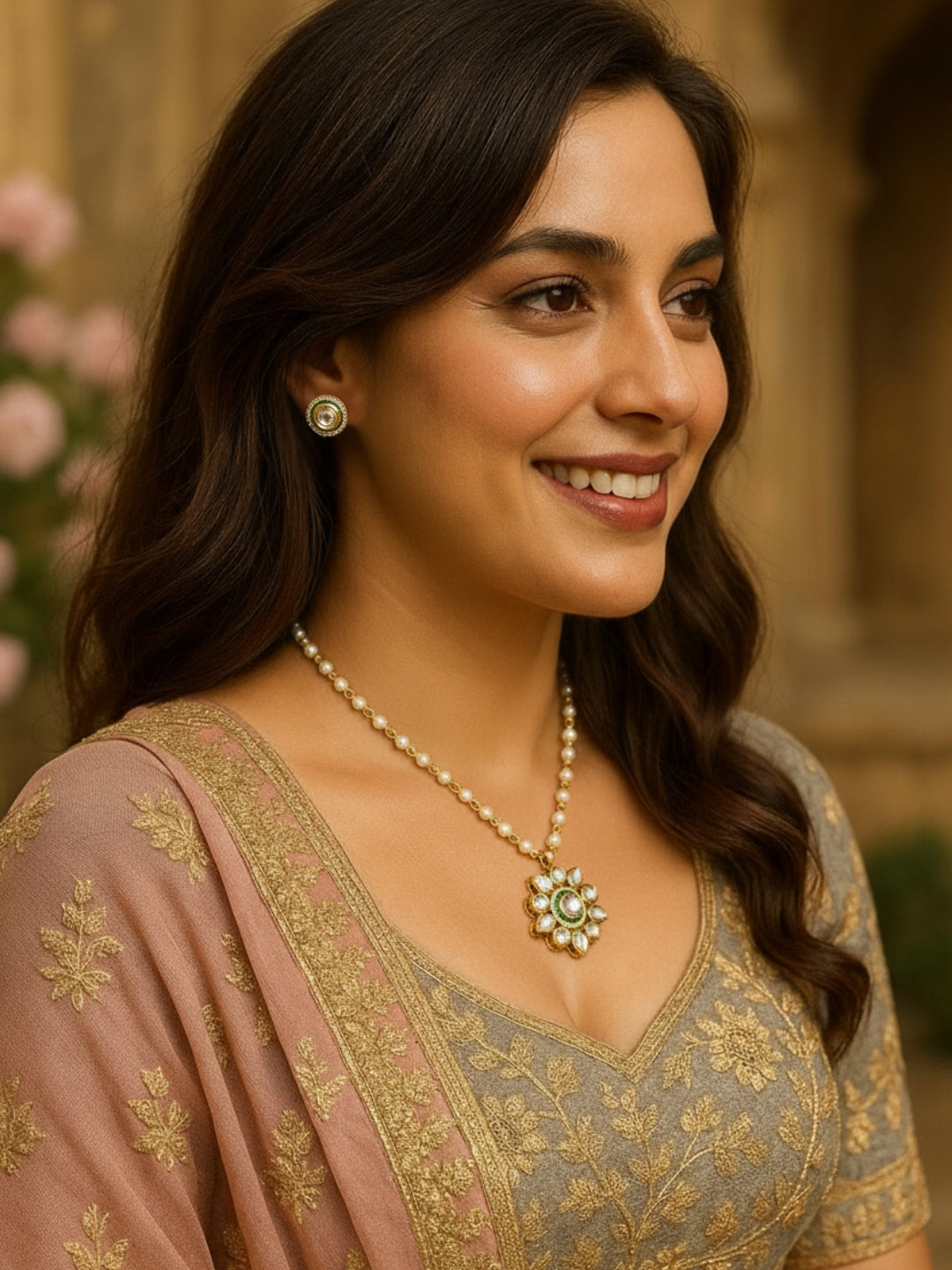Kundan Floral Pendant Pearl Beaded Gold-Plated Chain Necklace Set