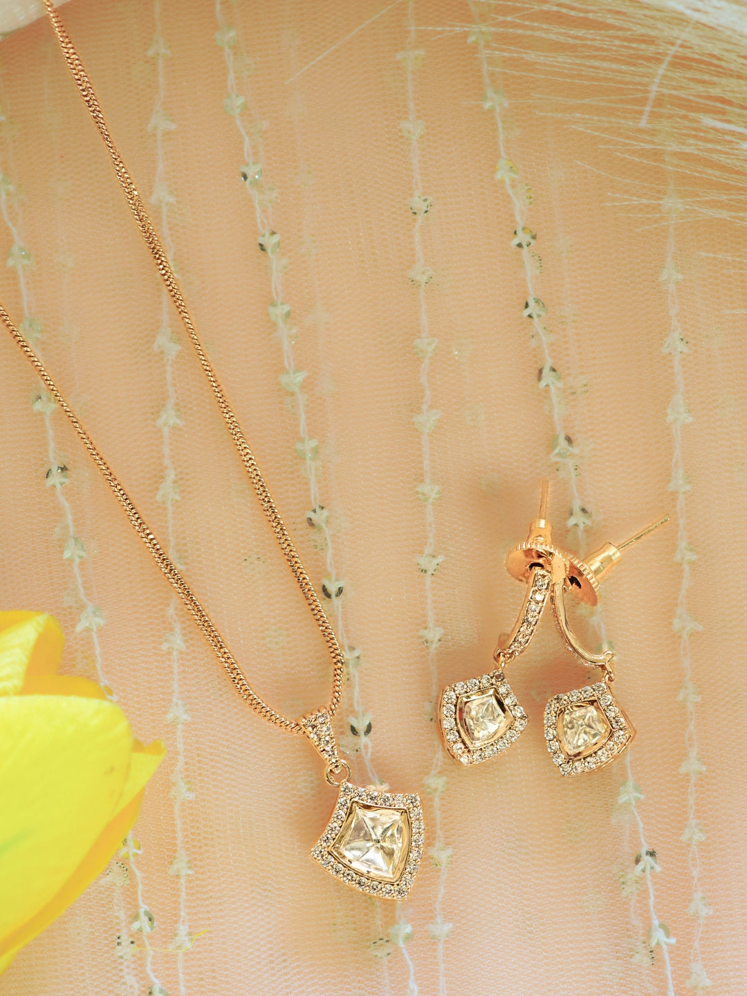 Gold-Plated AD Kundan Pendant Necklace with Drop Earrings