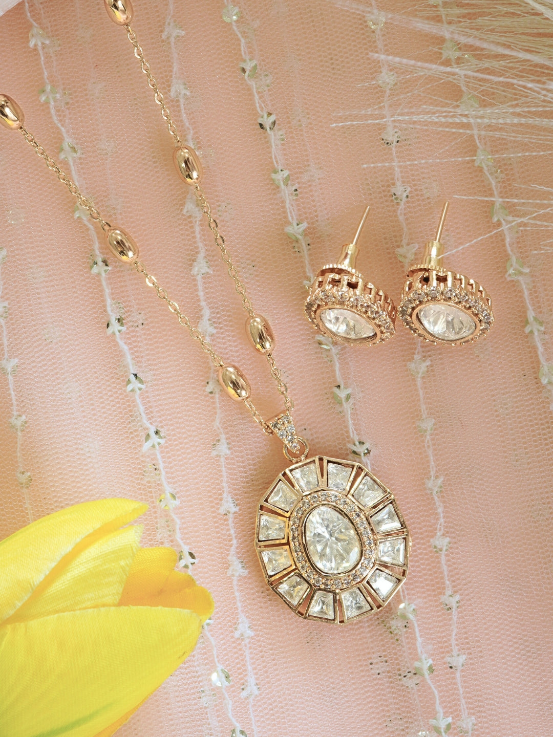 Oval Kundan Pendant AD Studded Necklace Set