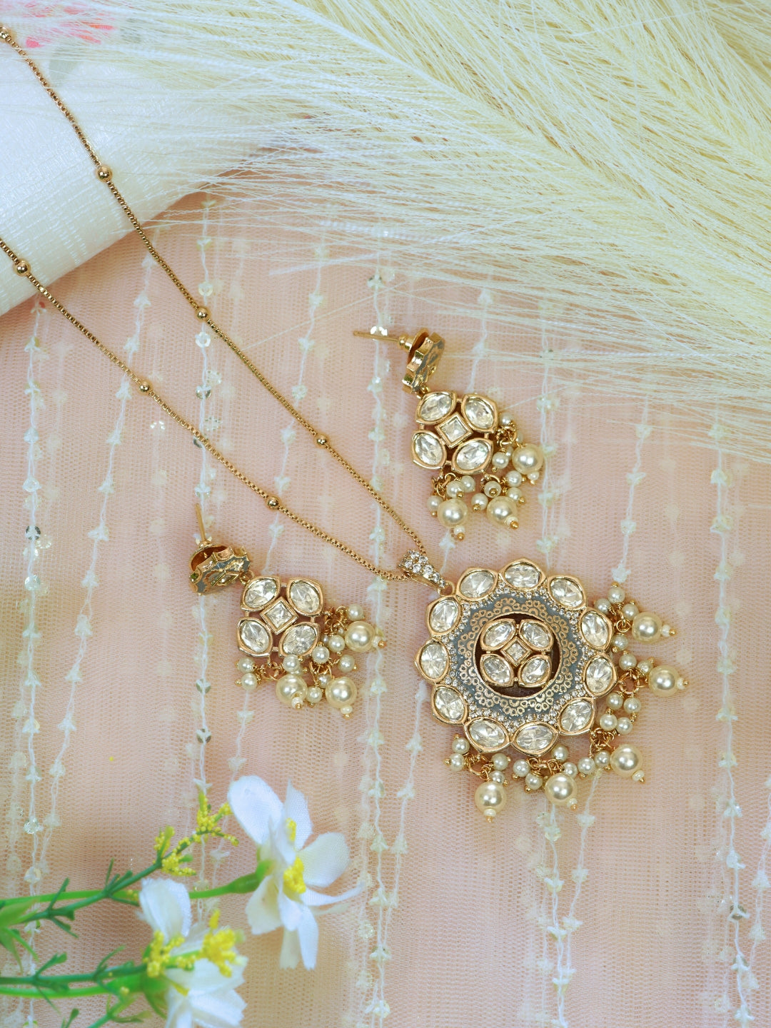 Gold-Plated Blue Floral Pendant Necklace & Drop Earrings Set