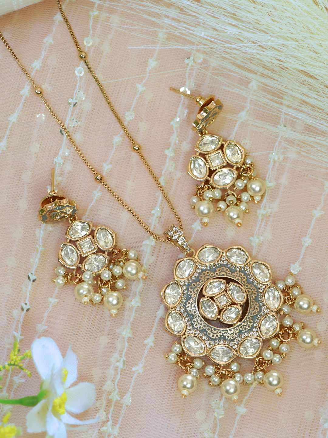 Gold-Plated Blue Floral Pendant Necklace & Drop Earrings Set