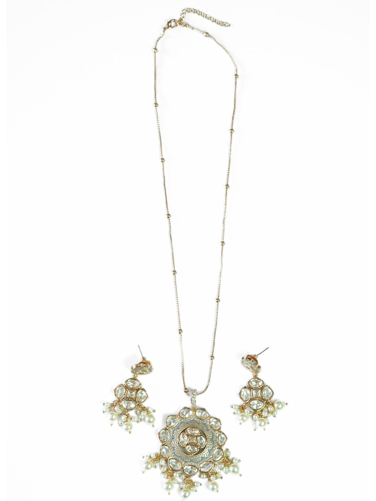 Gold-Plated Blue Floral Pendant Necklace & Drop Earrings Set