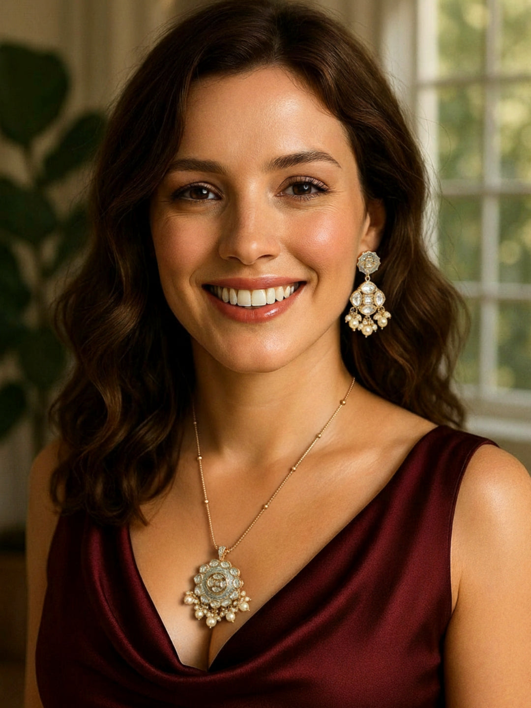 Gold-Plated Blue Floral Pendant Necklace & Drop Earrings Set