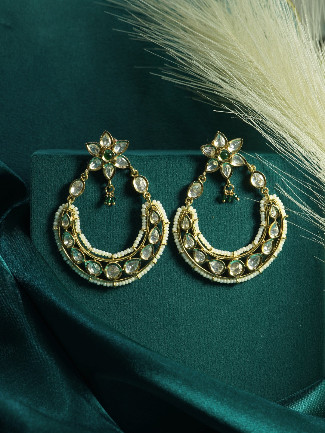 Floral Moon-Shaped Kundan Studded Drop Earrings