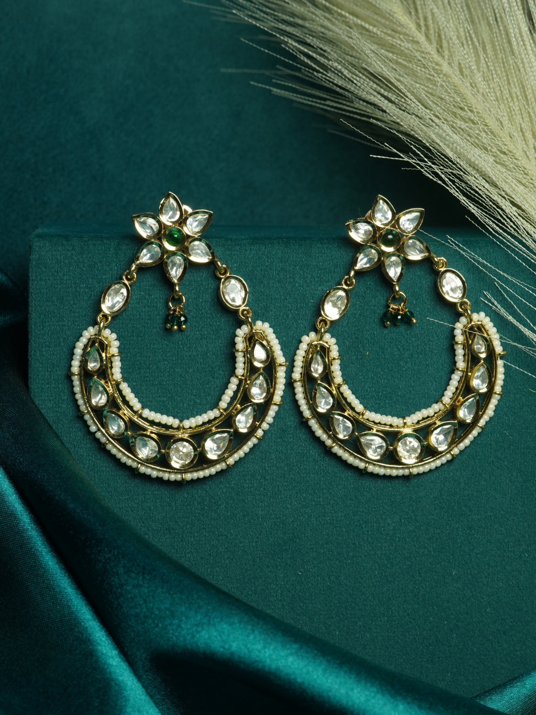 Floral Moon-Shaped Kundan Studded Drop Earrings