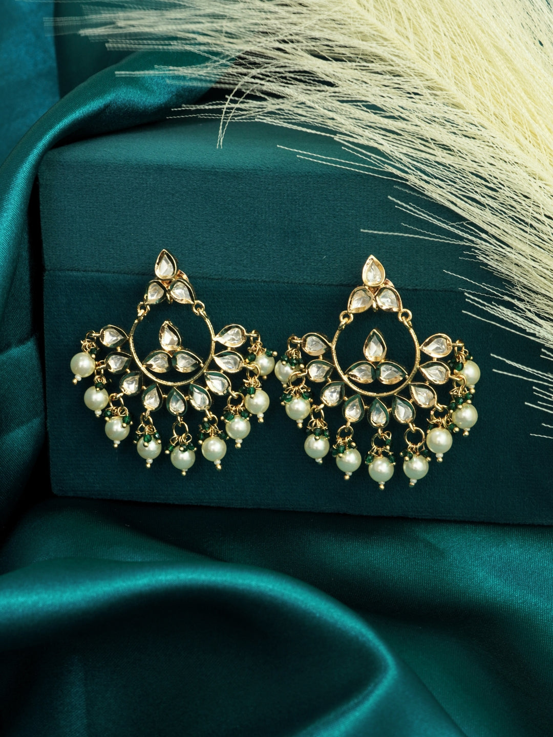 Crescent-Shaped Kundan & Pearl Drop Earrings