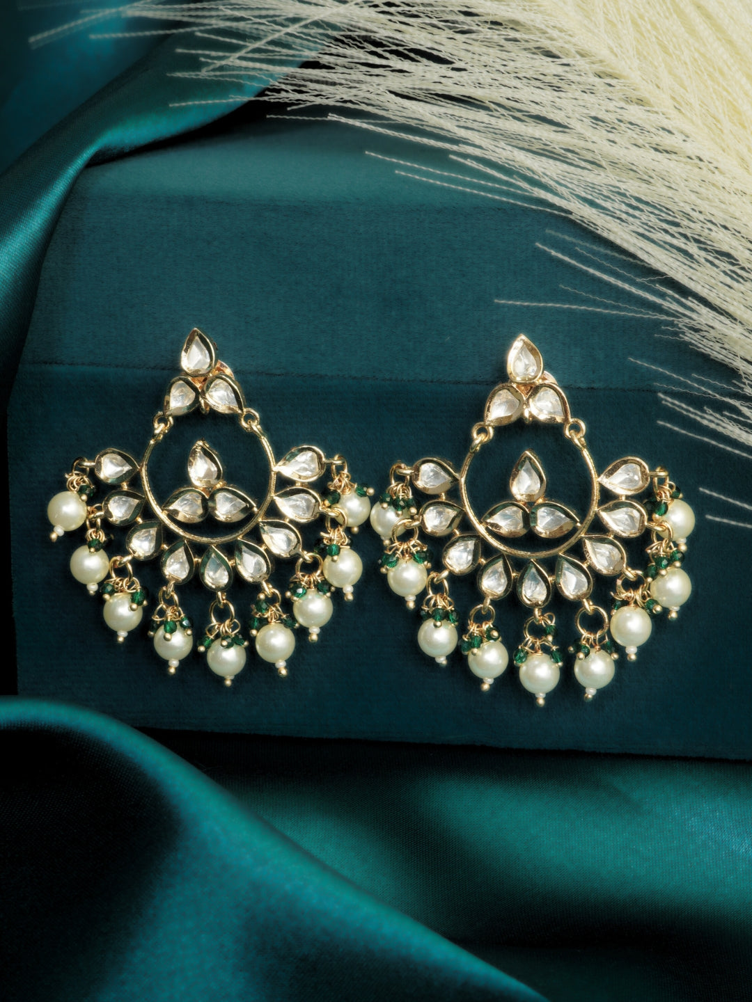 Crescent-Shaped Kundan & Pearl Drop Earrings