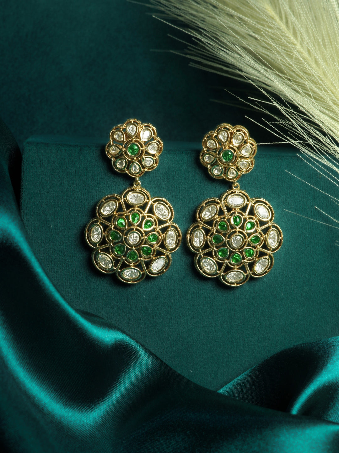 Green Floral Kundan Gold-Plated Drop Earrings