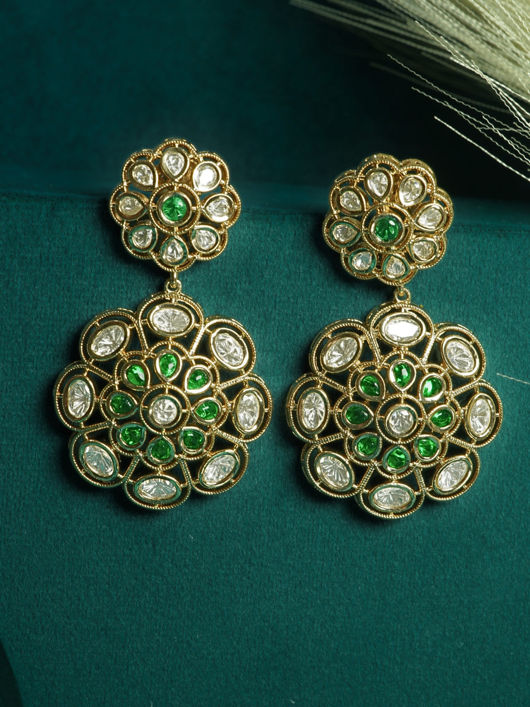 Green Floral Kundan Gold-Plated Drop Earrings