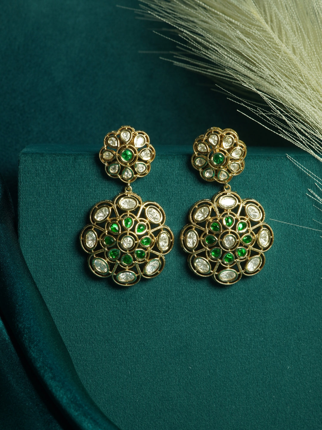 Green Floral Kundan Gold-Plated Drop Earrings