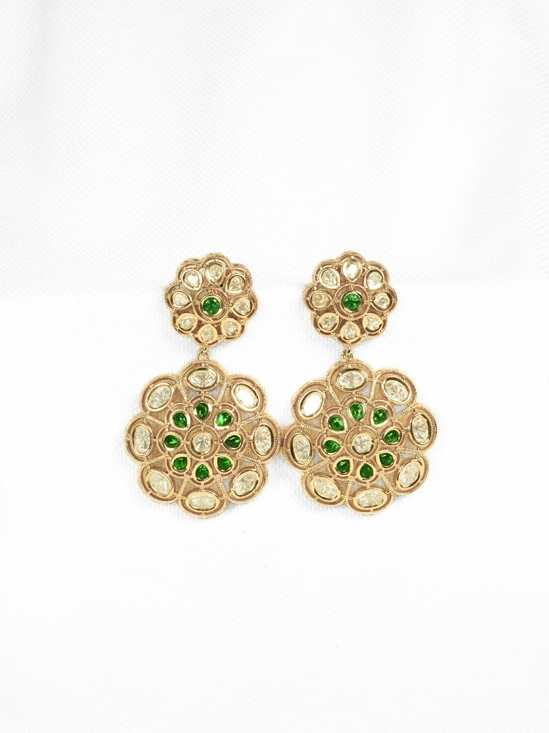 Green Floral Kundan Gold-Plated Drop Earrings