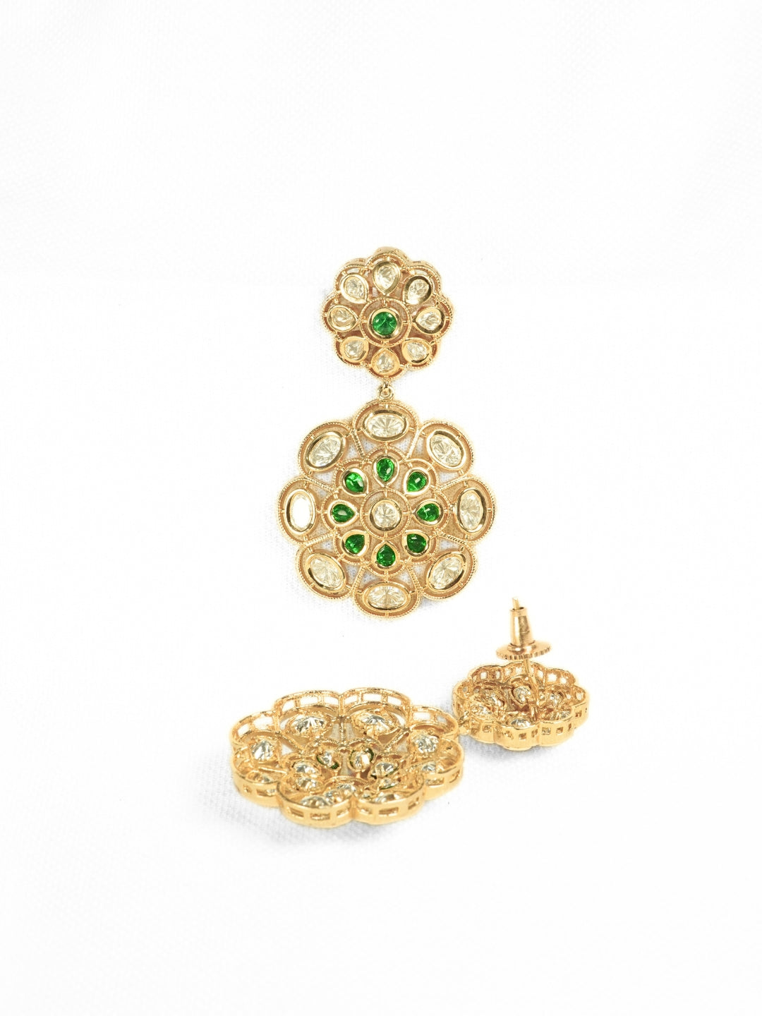 Green Floral Kundan Gold-Plated Drop Earrings