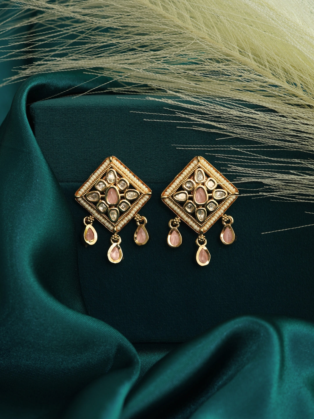 Diamond-Shaped Kundan Pearl Pink Stud Earrings