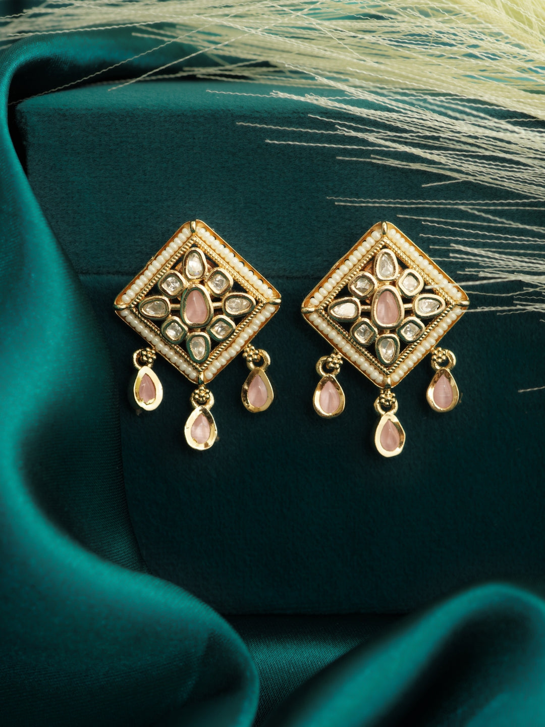 Diamond-Shaped Kundan Pearl Pink Stud Earrings
