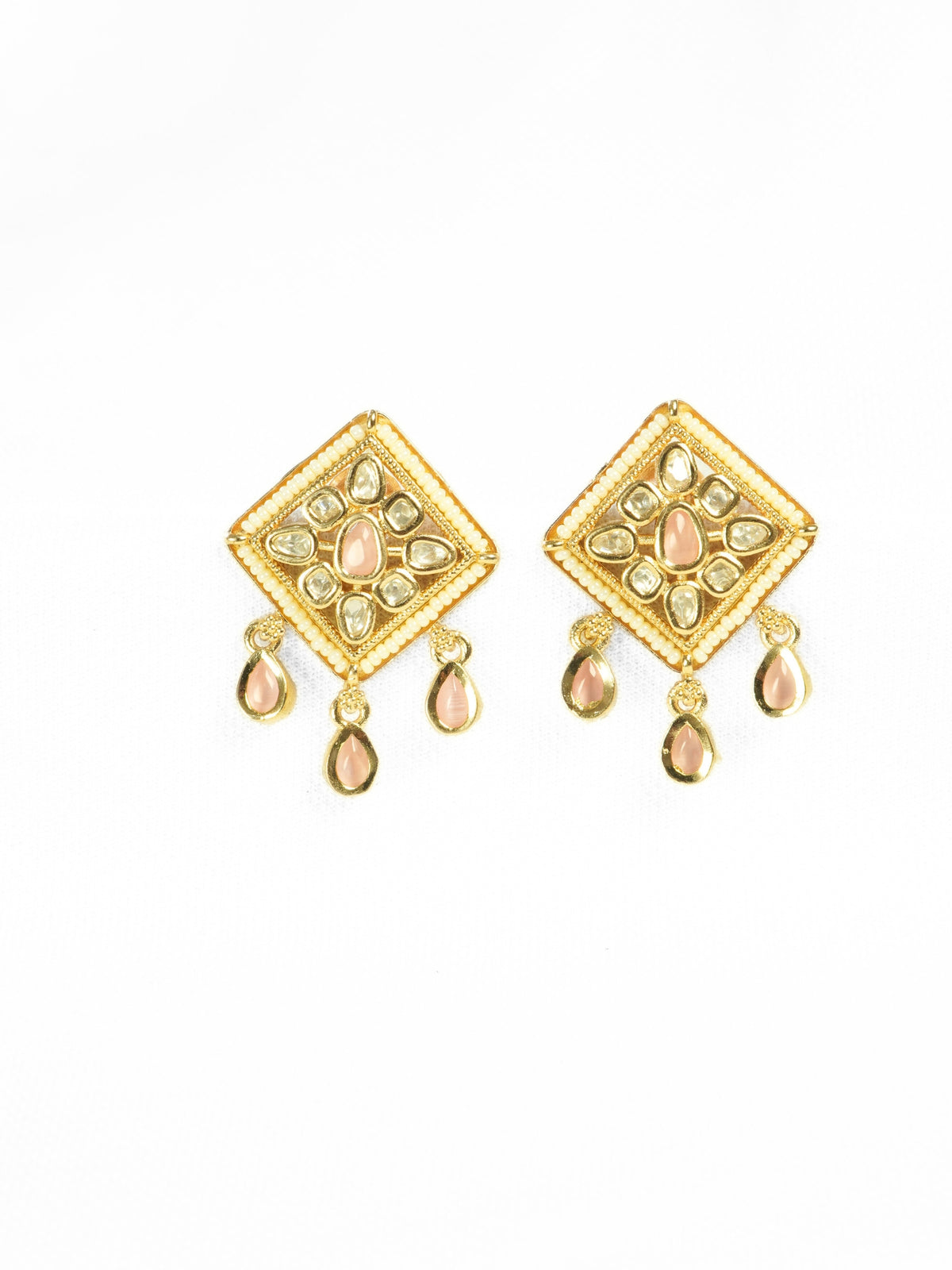 Diamond-Shaped Kundan Pearl Pink Stud Earrings