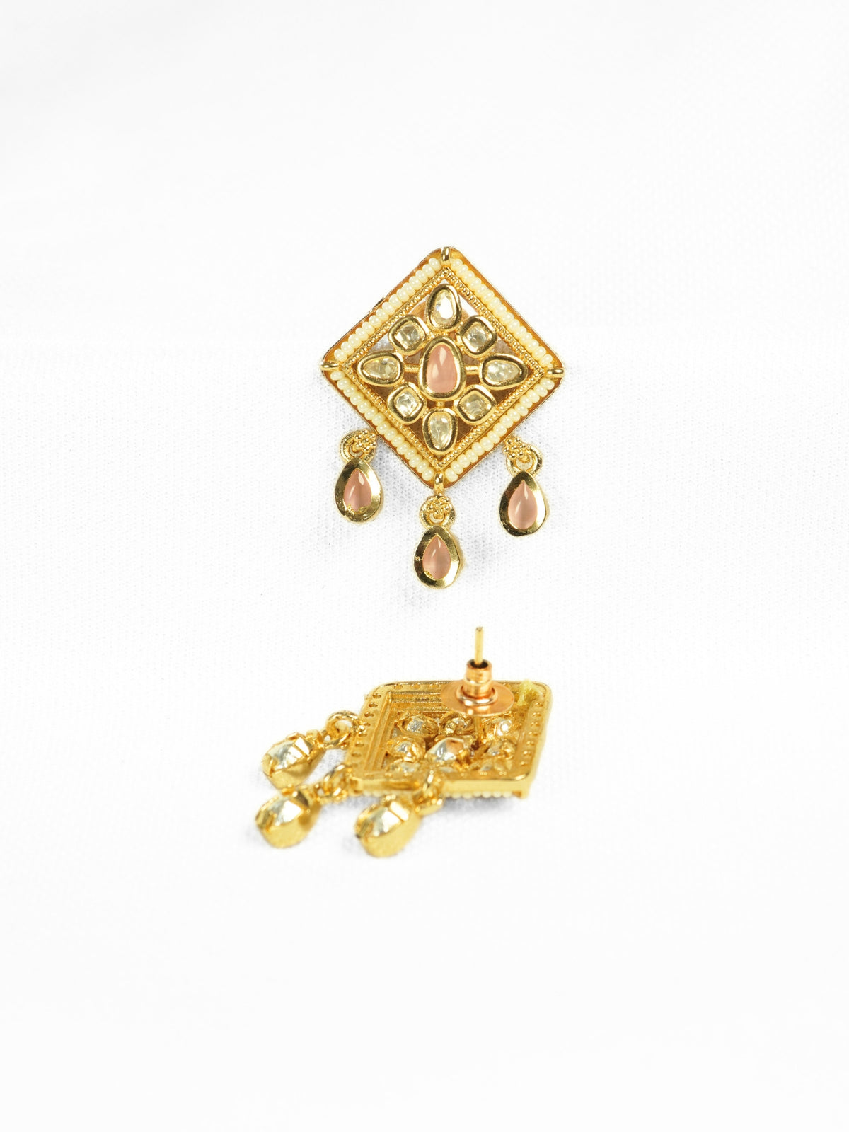 Diamond-Shaped Kundan Pearl Pink Stud Earrings