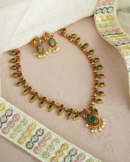 Green & Red Stone Studded Gold-Plated Necklace Set