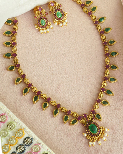 Green & Red Stone Studded Gold-Plated Necklace Set