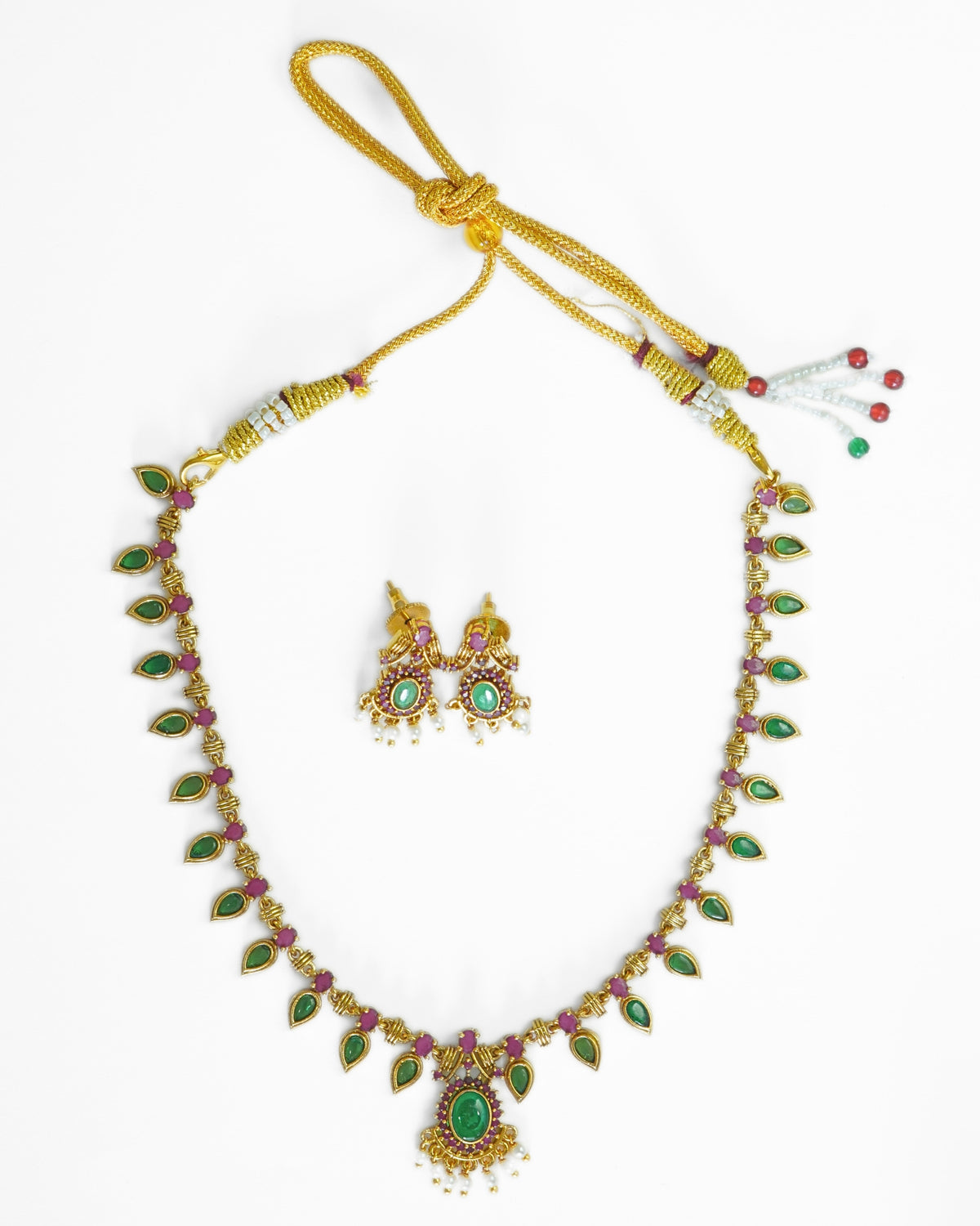Green & Red Stone Studded Gold-Plated Necklace Set