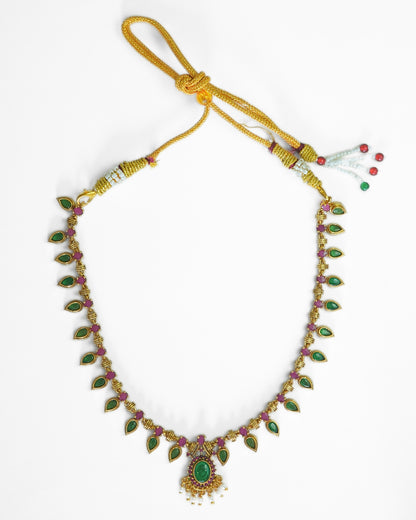 Green & Red Stone Studded Gold-Plated Necklace Set