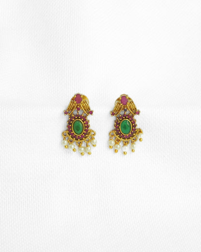 Green & Red Stone Studded Gold-Plated Necklace Set