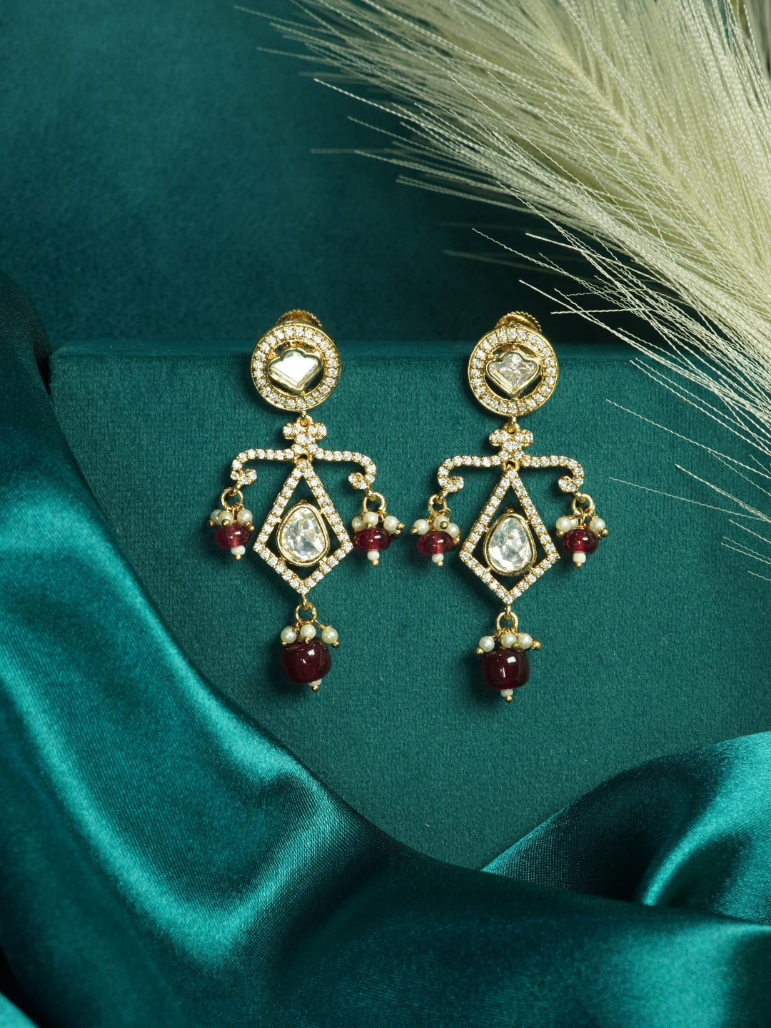 Gold-Plated Geometric Kundan & AD Red Beaded Drop Earrings