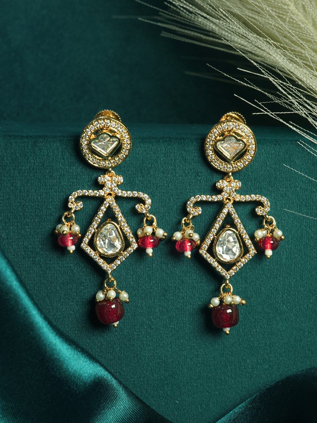 Gold-Plated Geometric Kundan & AD Red Beaded Drop Earrings
