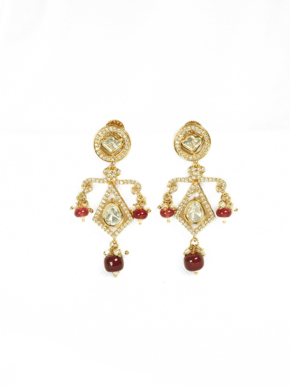 Gold-Plated Geometric Kundan & AD Red Beaded Drop Earrings
