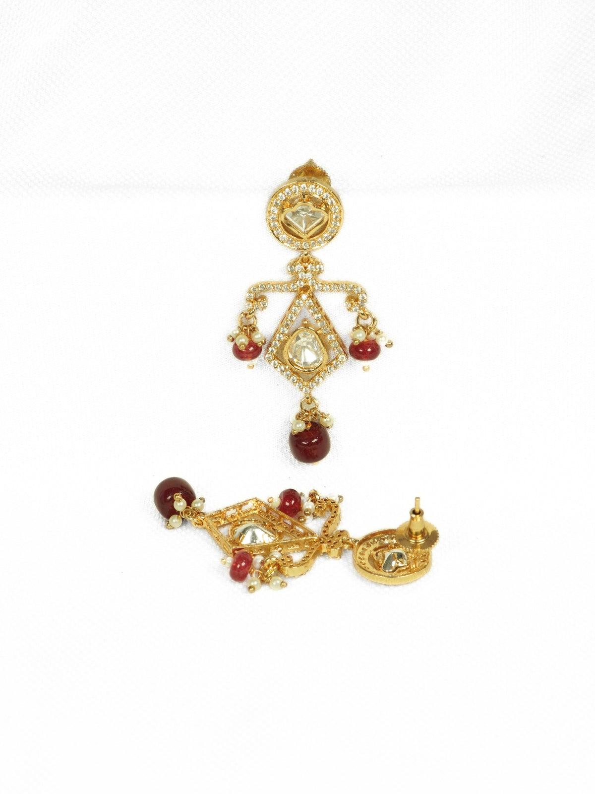 Gold-Plated Geometric Kundan & AD Red Beaded Drop Earrings