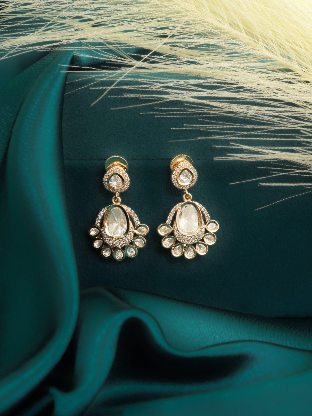 Oval Kundan & AD Studded Gold-Toned Drop Earrings