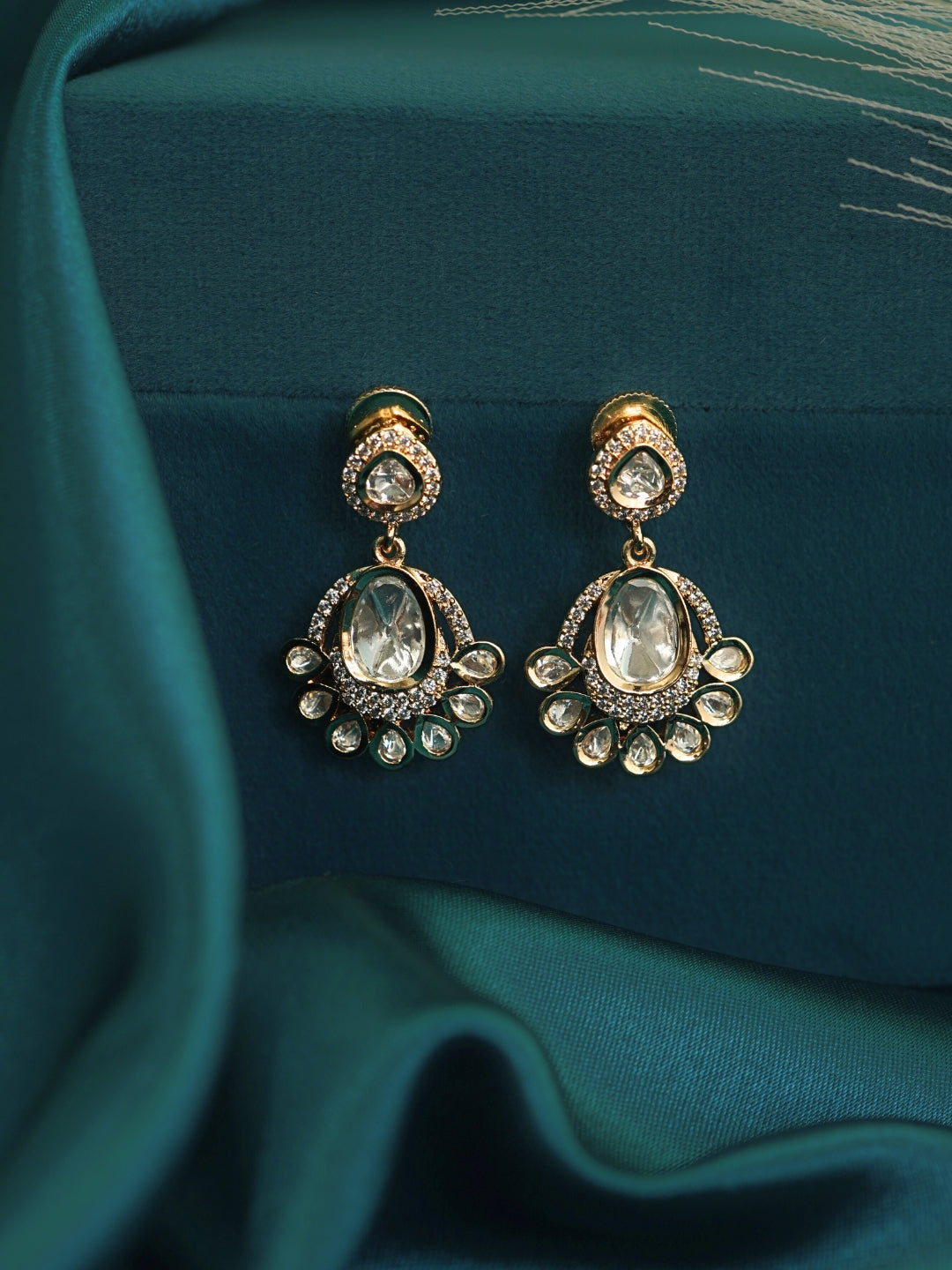 Oval Kundan & AD Studded Gold-Toned Drop Earrings