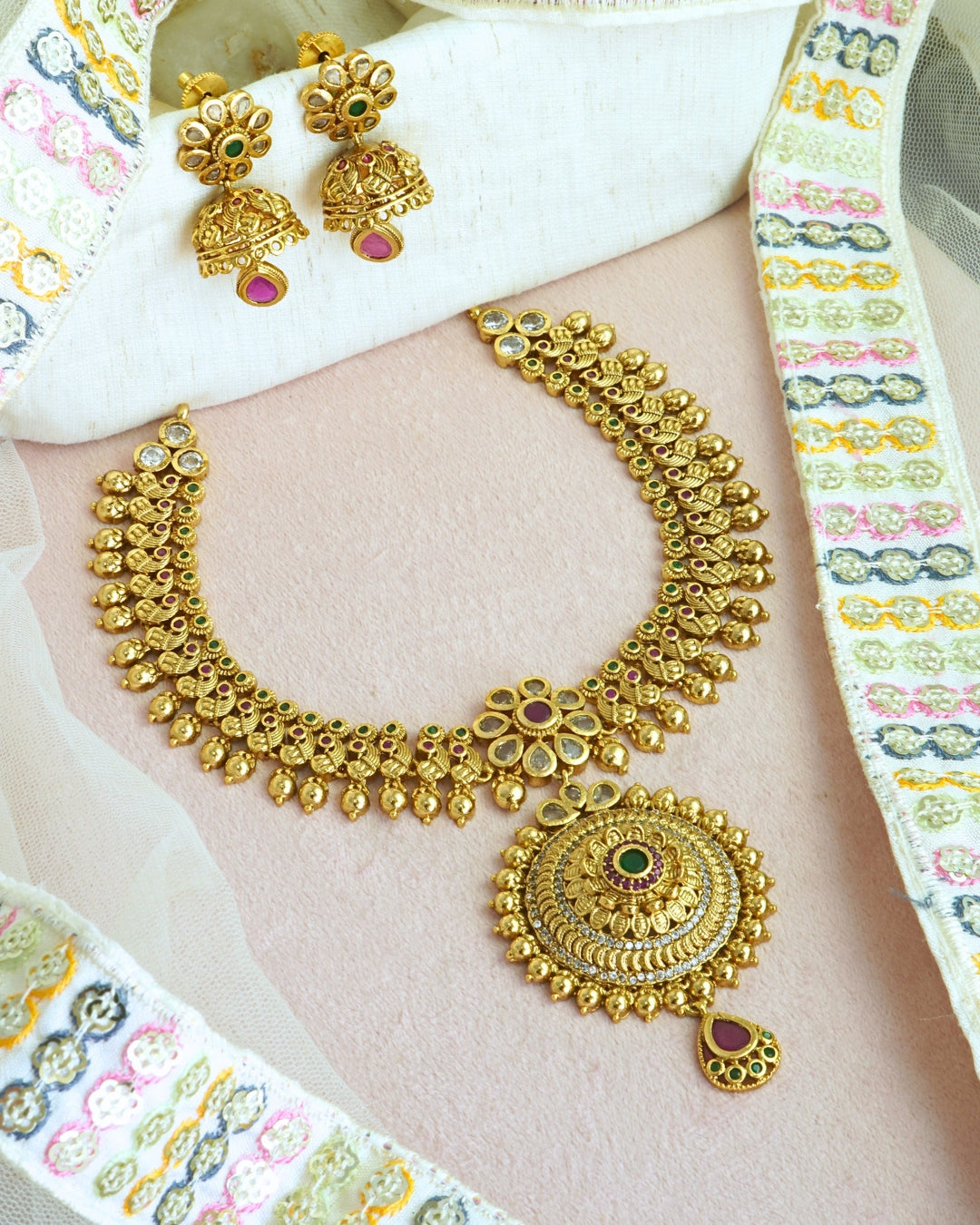 Gold-Plated Antique Floral Stone Studded Antique Necklace Set