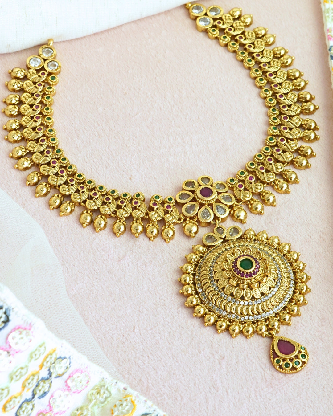 Gold-Plated Antique Floral Stone Studded Antique Necklace Set